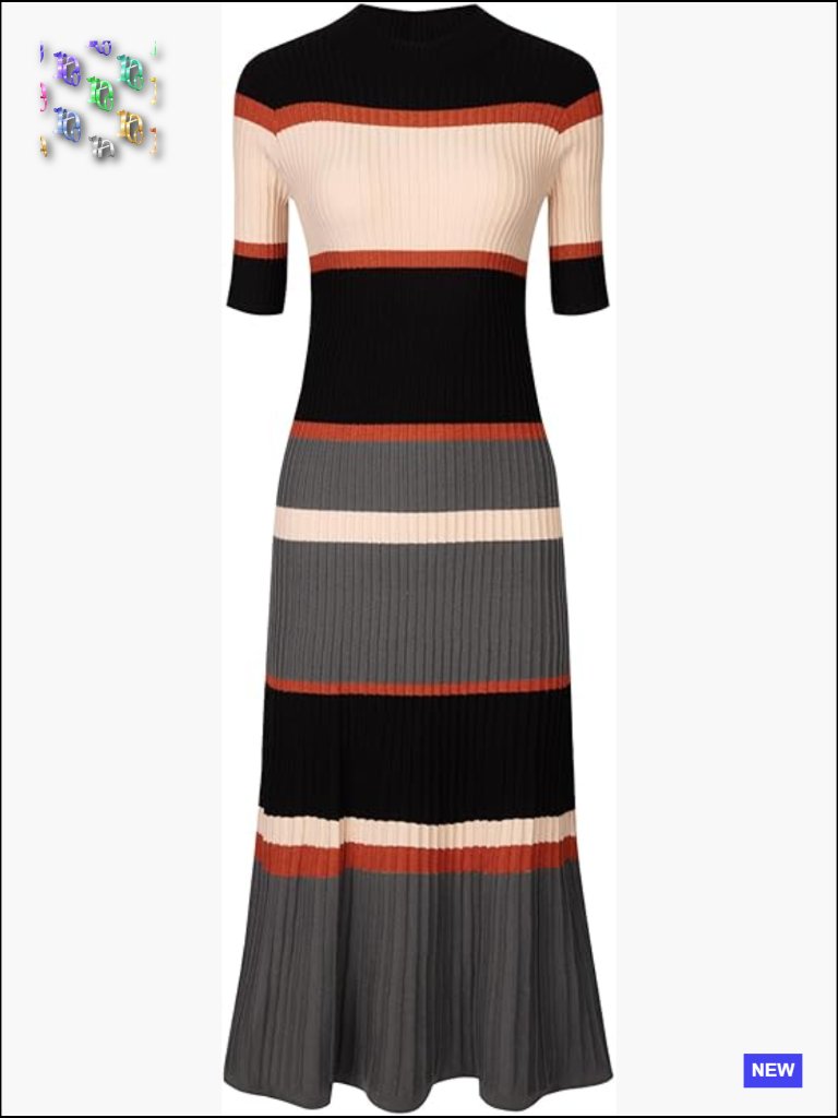 Striped Knit Midi Sweater Dress Short Sleeve Elegant Work Casual Mock Neck